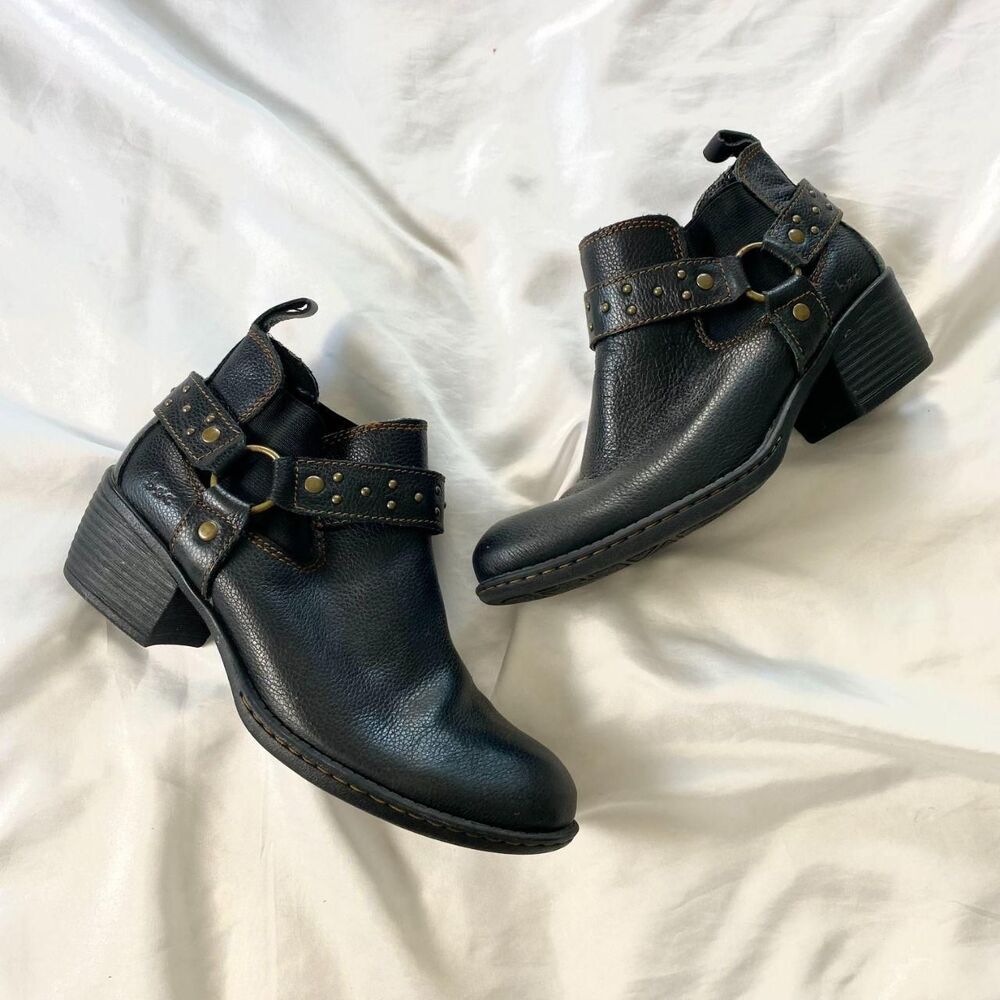 Boc Black Leather Harness Studded Western Biker Ankle Boots US 8
